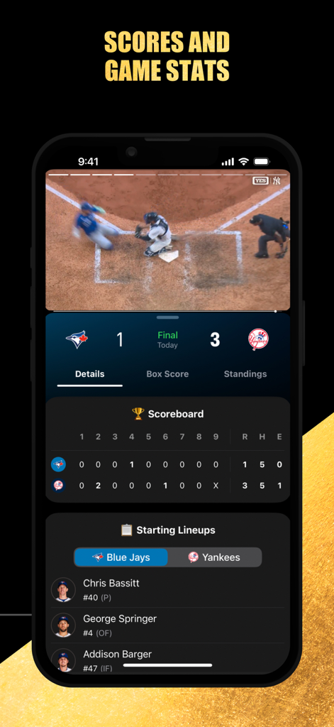 Recapp Sports Highlights - Recapp app interface showing MLB highlights with real-time scores and player lineups