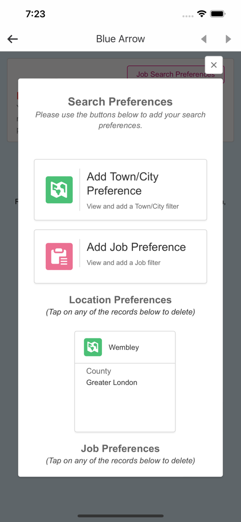 Interfaz de la aplicación Blue Arrow para establecer preferencias de trabajo y ubicación
