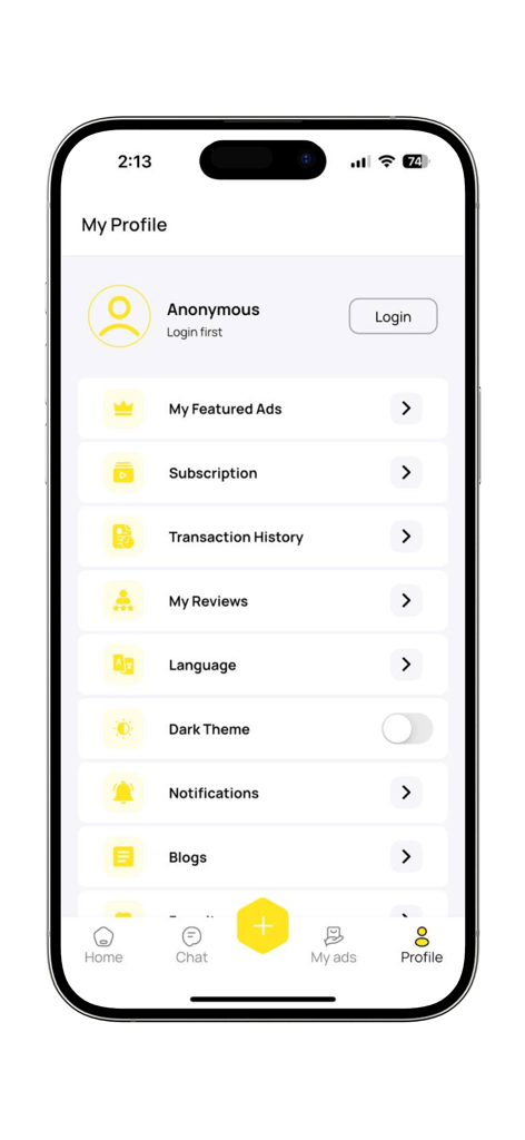 Bazaar - بازار - User profile screen in the Bazaar app showing settings like ads, subscriptions, and language options.