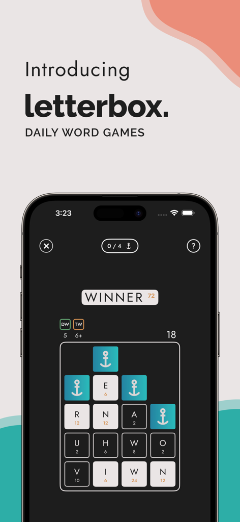 Letterbox - Daily Word Games - Interfaz de la aplicación móvil Letterbox que muestra el juego de puzle de palabras Letter Sink en un iPhone.