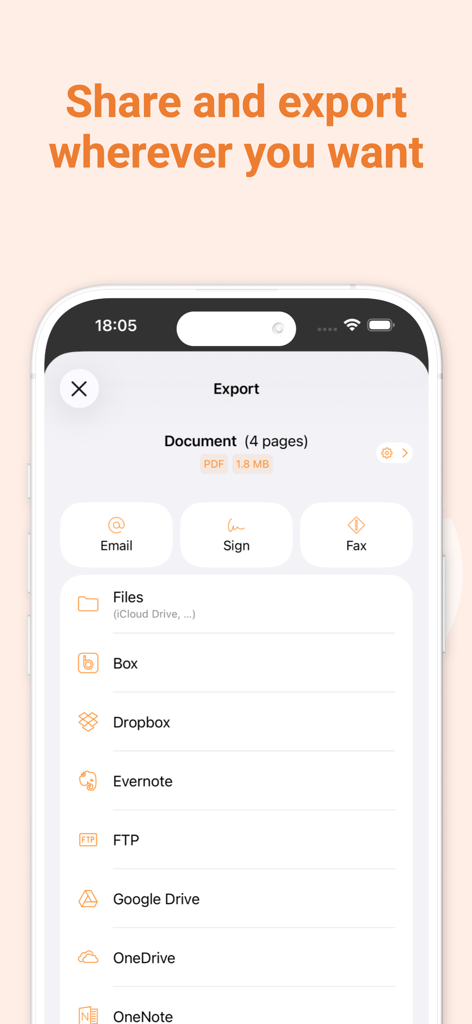 Genius Scan 앱 화면에 Dropbox, Google Drive, Evernote를 포함한 여러 문서 내보내기 및 공유 옵션이 표시되고 있는 모습