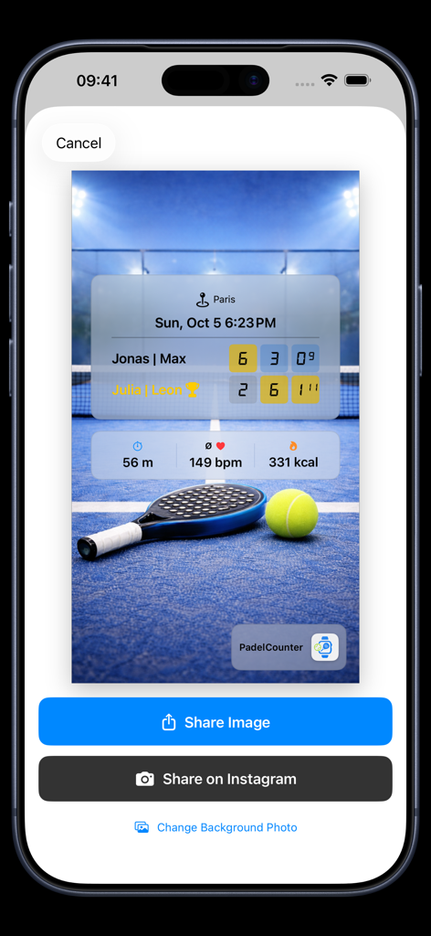 iPhone interface showing padel match statistics summary with scores and heart rate ready for social media sharing