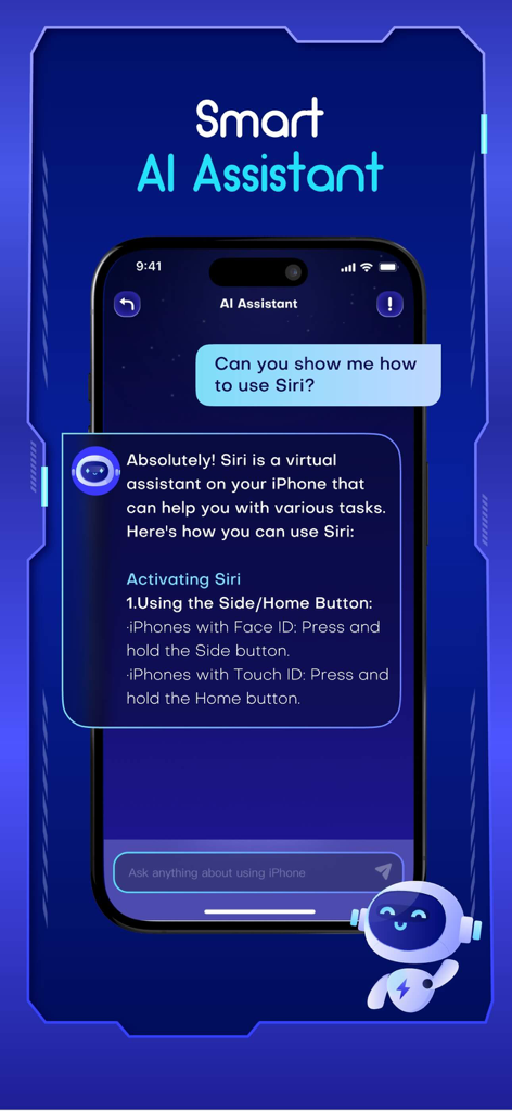 Schermata dell'app Phone Master che mostra un'interfaccia di chat con assistente AI intelligente che aiuta un utente con le impostazioni di iPhone