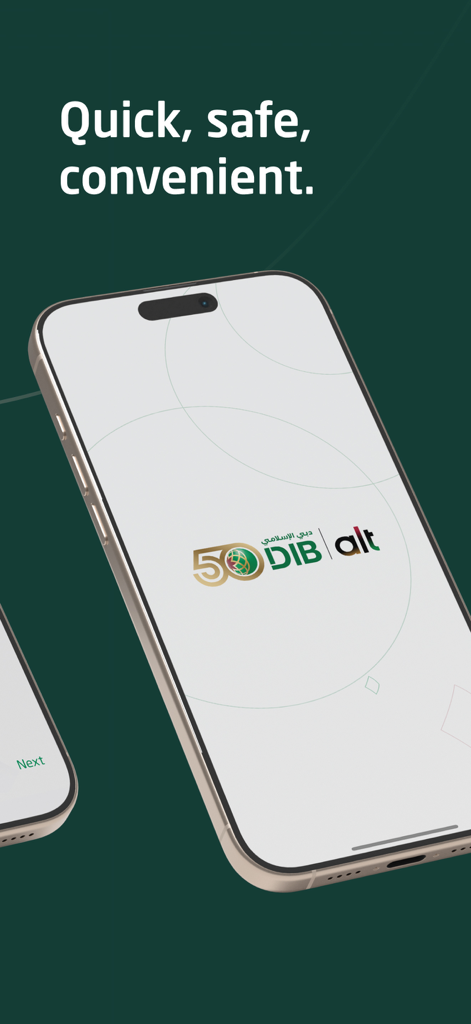 DIB alt mobile banking app logo on a smartphone screen with the text quick safe convenient