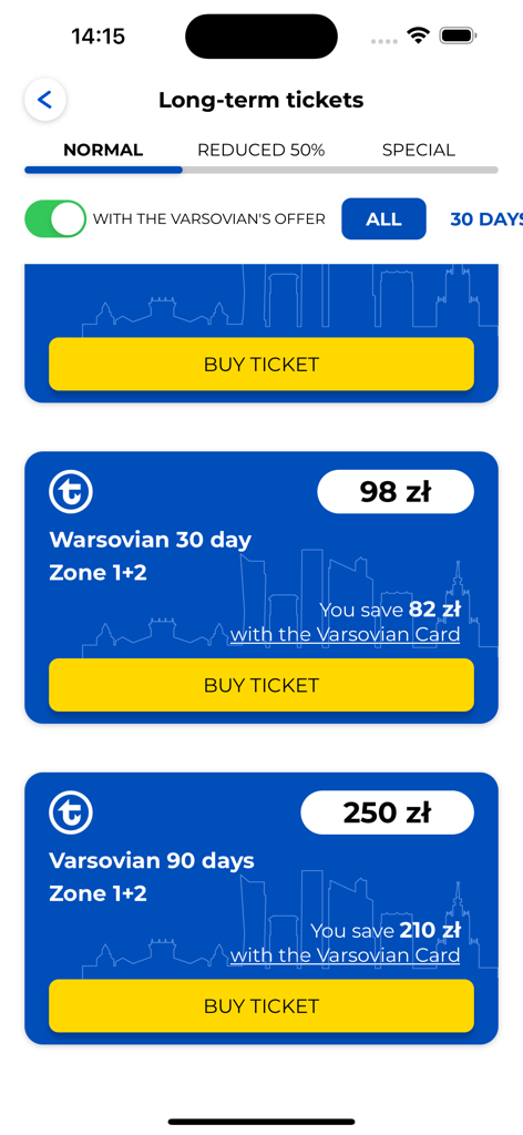 MobiWAWA app interface displaying long-term ticket options for Warsaw public transport with prices and buy buttons