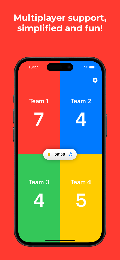 Interface of the Scoreboard app showing a four team score tracker with a central timer on a mobile screen.