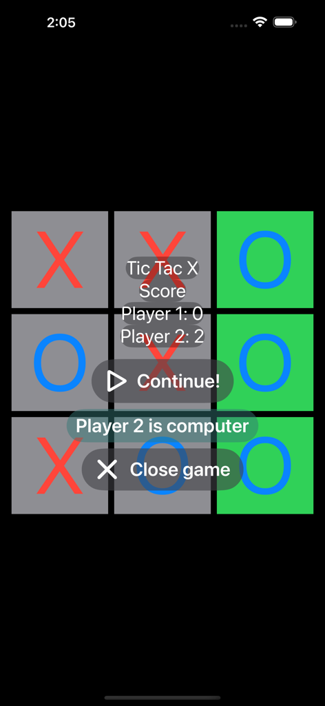 Tic Tac Toe & Four in a Row - A completed Tic Tac Toe game on a mobile screen showing player O winning against the computer.