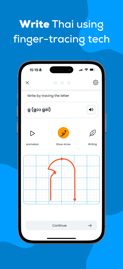 Mobile app interface showing finger tracing practice for learning the Thai alphabet