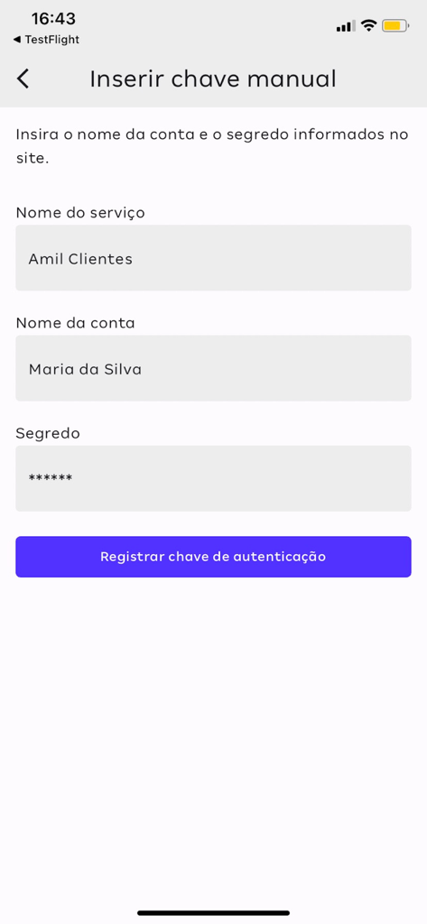 Amil Autenticador - Manual key entry screen in Amil Autenticador app with fields for service name, account name, and secret