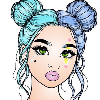 realistic girl with two buns on her hair and lips