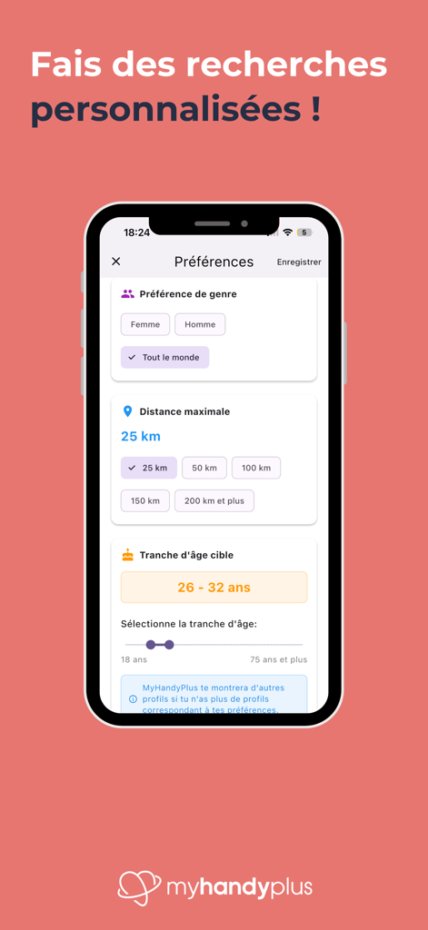 MyHandyPlus - MyHandyPlus app search preferences screen with gender distance and age filters