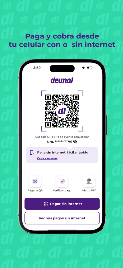 Deuna mobile App-Bildschirm mit einem QR-Code und Optionen für Offline-Zahlungen