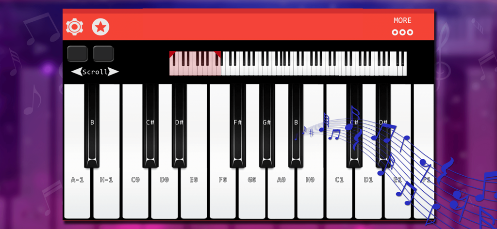 Real Piano : Be Pianist Hero - Virtual piano keyboard with labeled notes and musical symbols in the Real Piano app
