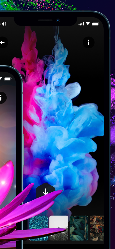 Live Wallpaper & Wallpapers HD - An iPhone screen showing a vibrant blue and pink abstract smoke live wallpaper