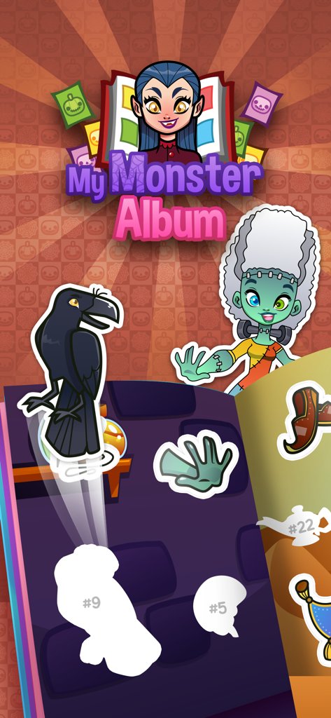 My Monster Album: Sticker Book - My Monster Albumモバイルゲームのインターフェース。不気味でキュートなキャラクターとコレクションのシルエットが表示されたデジタルシールブック。