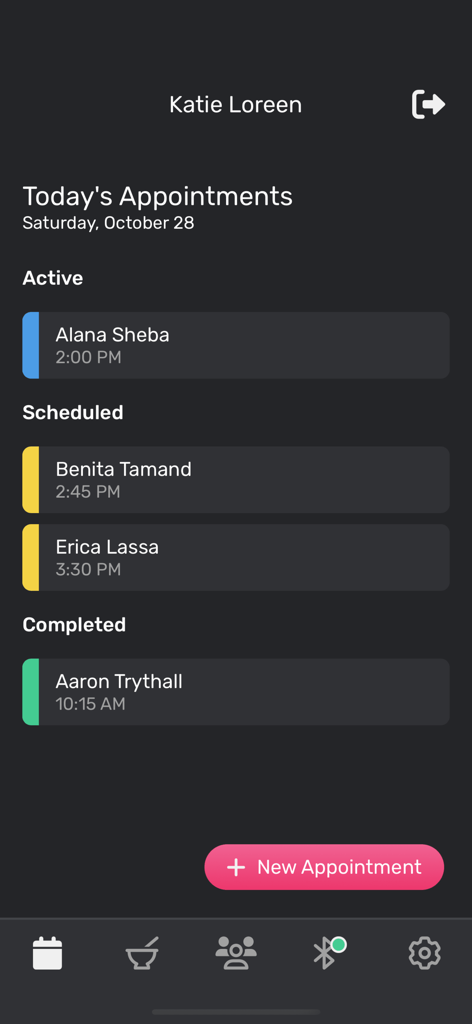 Interface de l'application Vish 2.0 affichant une liste des rendez-vous du salon de coiffure pour la journée, organisés par statut : actif, planifié et terminé.