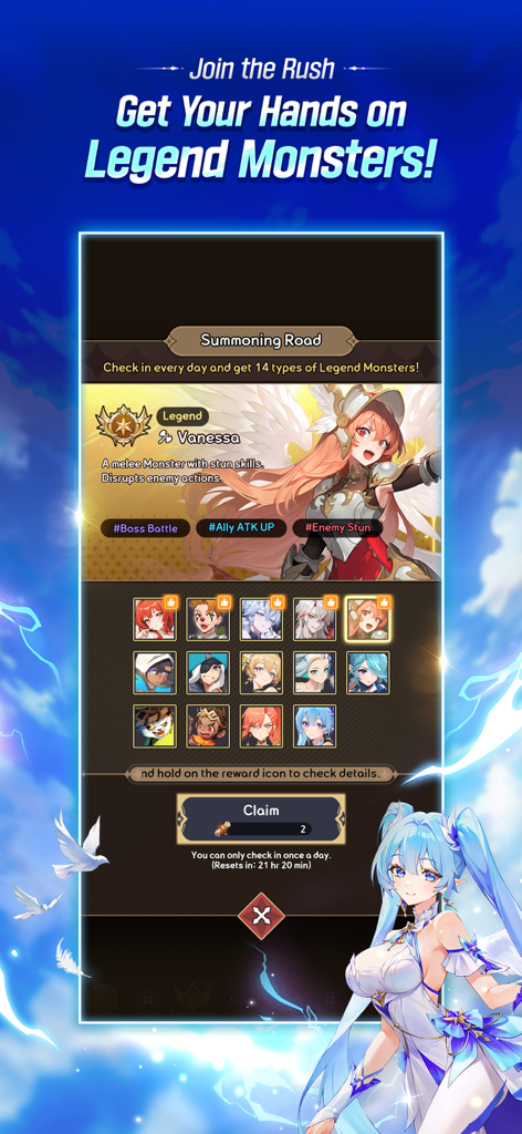 Summoners War: Rush - Summoners War Rush summoning road screen showing daily check in rewards for 14 legend monsters