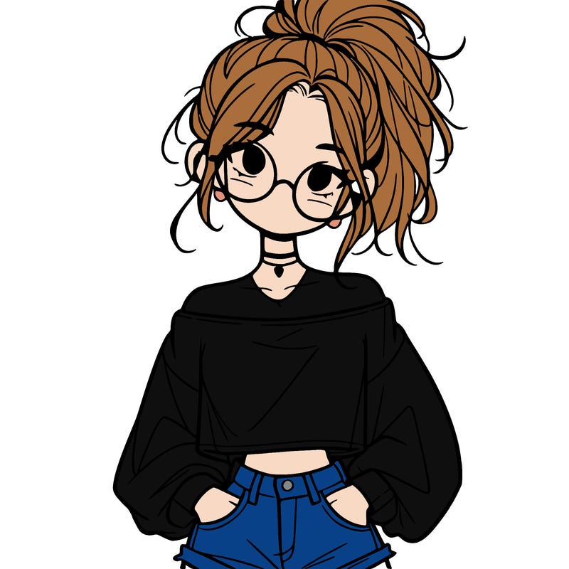 girl with a messy ponytail glasses a baggy crop top and jean shorts