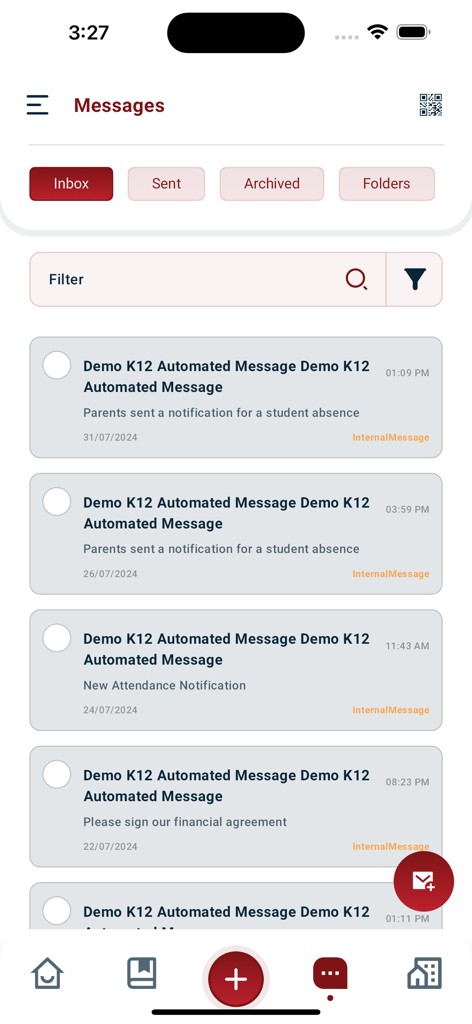 Classter - The messages inbox screen of the Classter school management app showing automated school notifications.