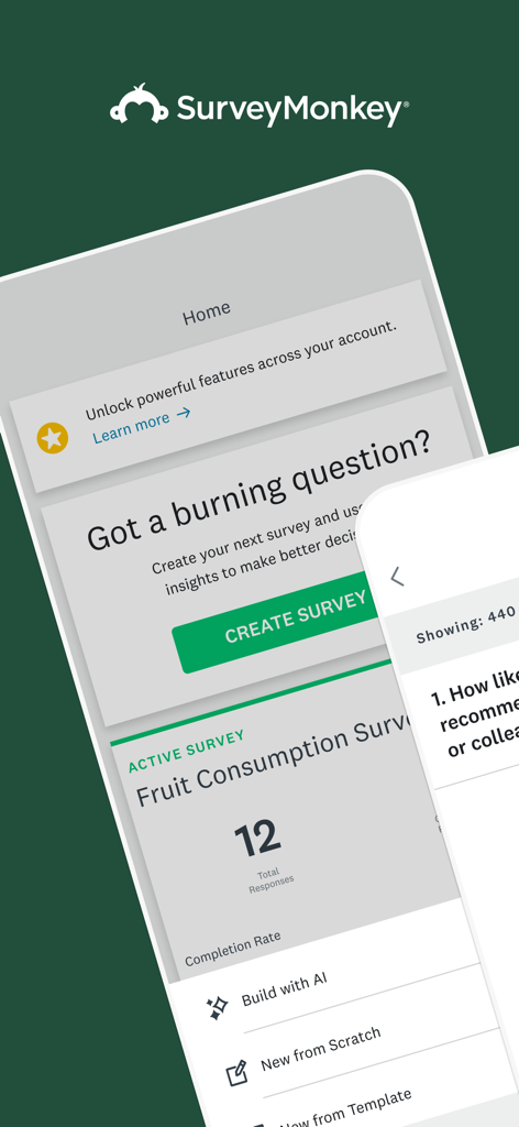 Tela inicial do aplicativo móvel SurveyMonkey mostrando opções para criar pesquisas e visualizar dados de resposta ao vivo