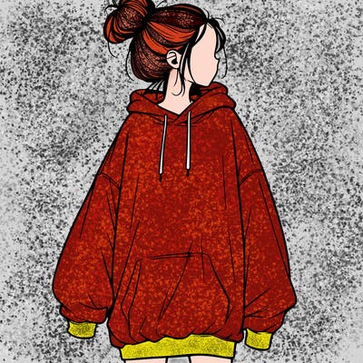 realistic girl with a oversized sweatshirt on and a bun