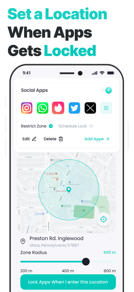 App Lock, Hide Passwords Apps - ソーシャルメディアアプリケーションの場所ベースのロックを設定するためにマップを表示するモバイルアプリインターフェイス。