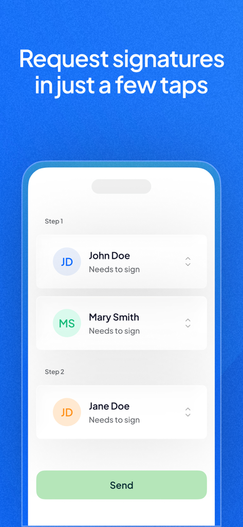 Sign.Plusアプリのインターフェース。モバイルデバイスで複数の受信者から署名を要求するプロセスを表示