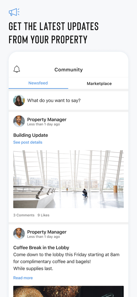 Resident Experience - Écran des mises à jour de la communauté et du fil d'actualité dans l'application Expérience Résidentielle