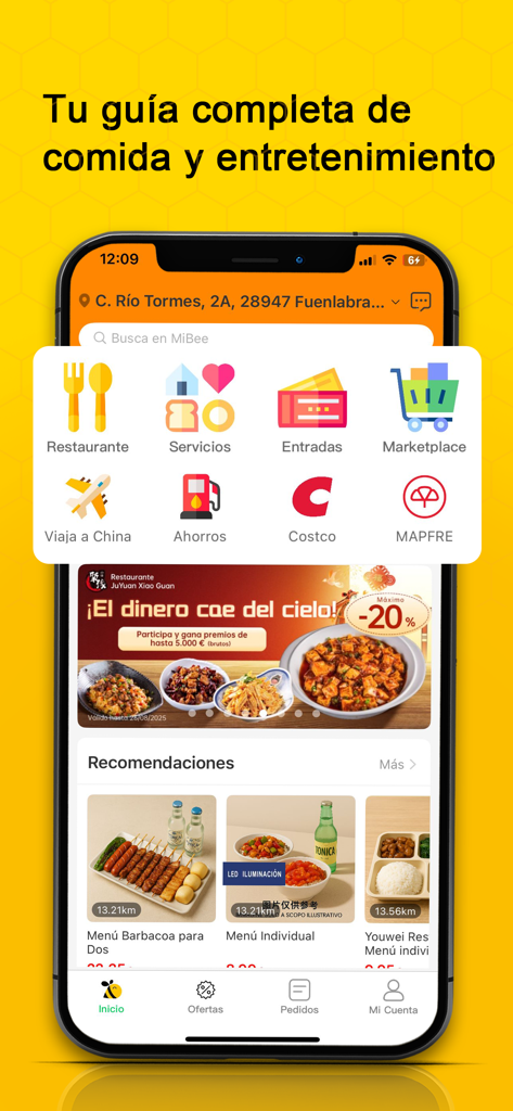 MiBee - MiBee app home screen showing food and service categories
