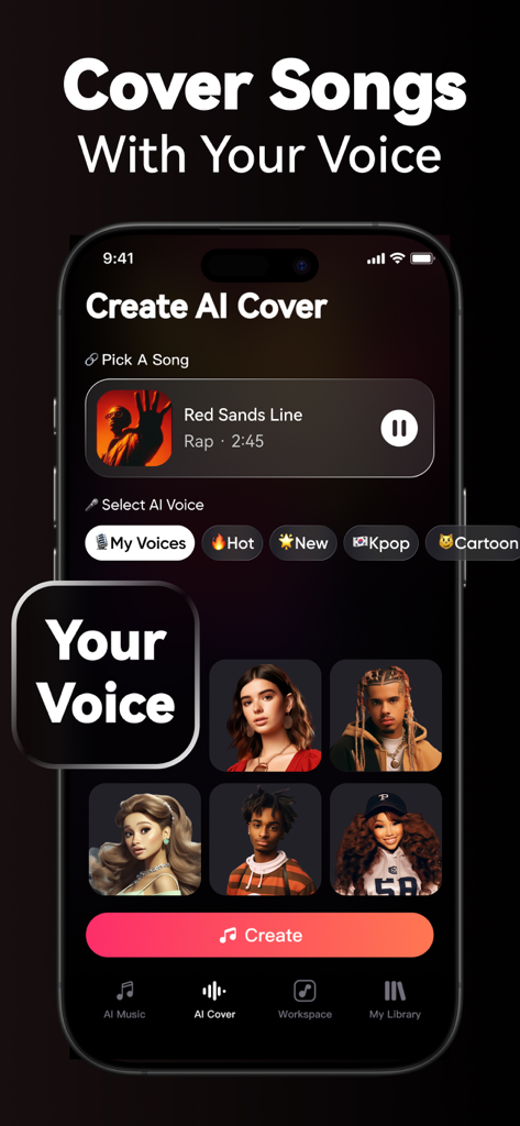 Interface of VocalMe app showing the screen to create an AI cover song with options to pick a song and select an AI voice