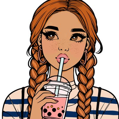 realistic girl with braided hair drinking boba