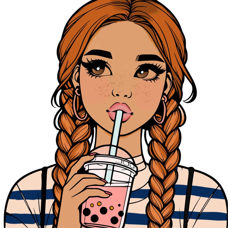 realistic girl with braided hair drinking boba