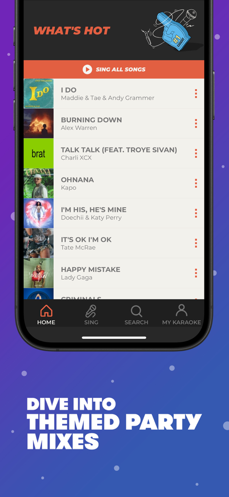 Stingray Karaoke Party - Stingray Karaoke Party app interface showing a What's Hot playlist with trending songs from artists like Lady Gaga and Katy Perry