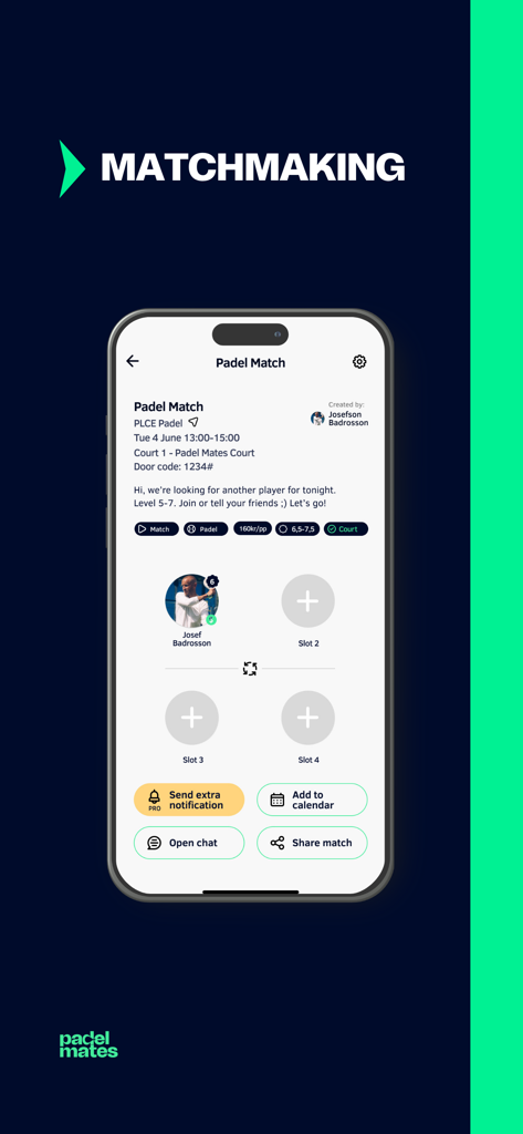 Padel Mates app interface showing a matchmaking screen for a padel match with available player slots and game details
