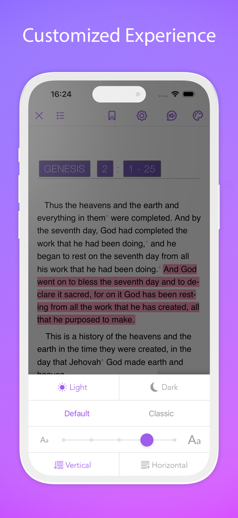 Jehovah’s Witnesses NWT Bible - Eine mobile Oberfläche der NWÜ Bibel-App, die Schrift- und Themanpassungsoptionen für ein personalisiertes Leseerlebnis zeigt