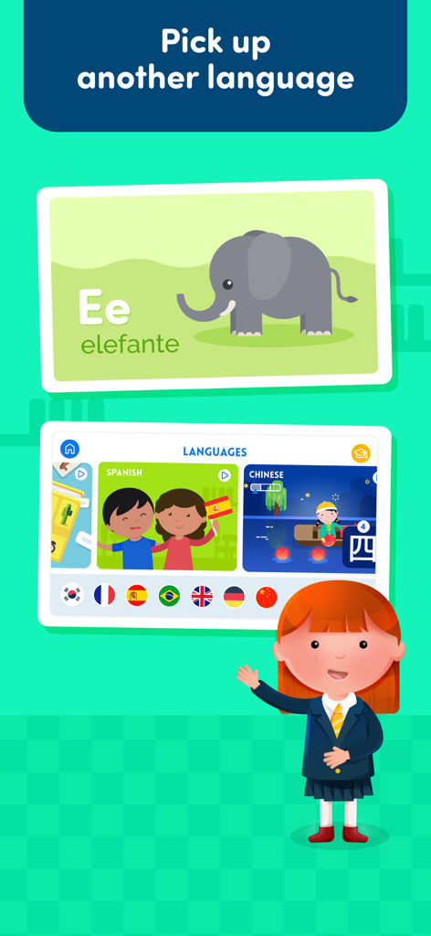 Language selection screen in the Montessori Preschool app showing Spanish and Chinese options with national flags.