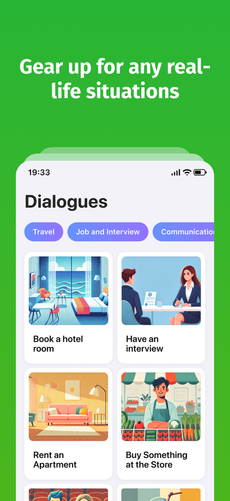 Bright - English for beginners - Uma tela de aplicativo móvel mostrando categorias de diálogos em inglês para situações da vida real, como reservar um hotel ou fazer uma entrevista de emprego