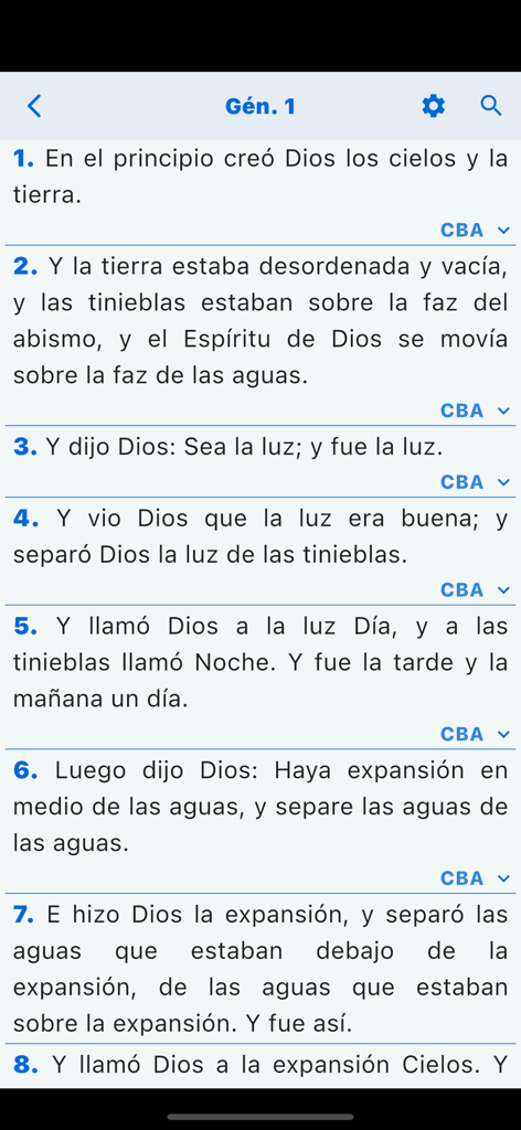 Biblia + CBA - Spanish Bible study app showing verses from Genesis with Adventist commentary links