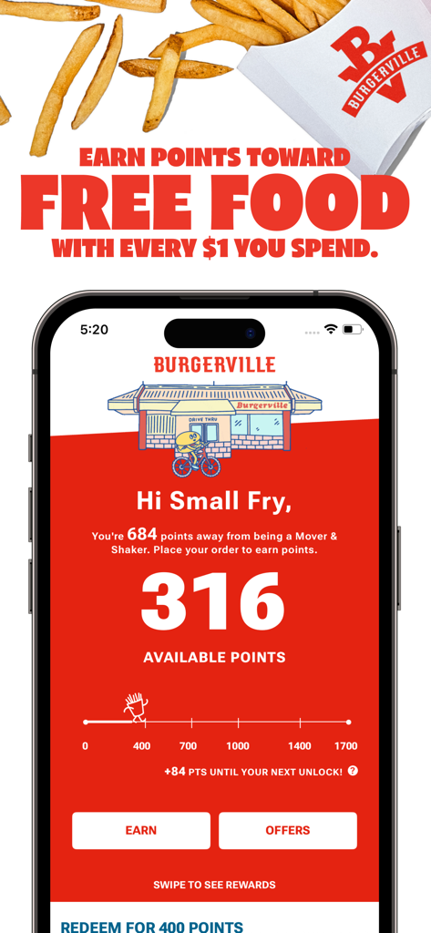 Burgerville app interface showing reward points balance and small fry membership status