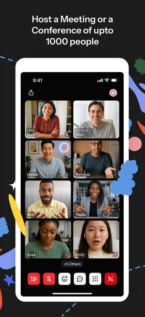 A group video conference on Huddle01 featuring multiple participants and call controls