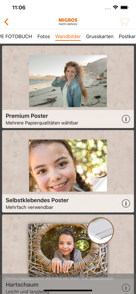 Migros Photo Service - Mobile app screen showing wall art options including premium and self adhesive posters