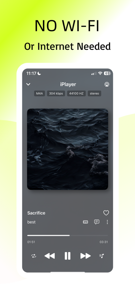 iPlayer - Offline Music Player - Interface of iPlayer showing a song playing offline with technical audio information
