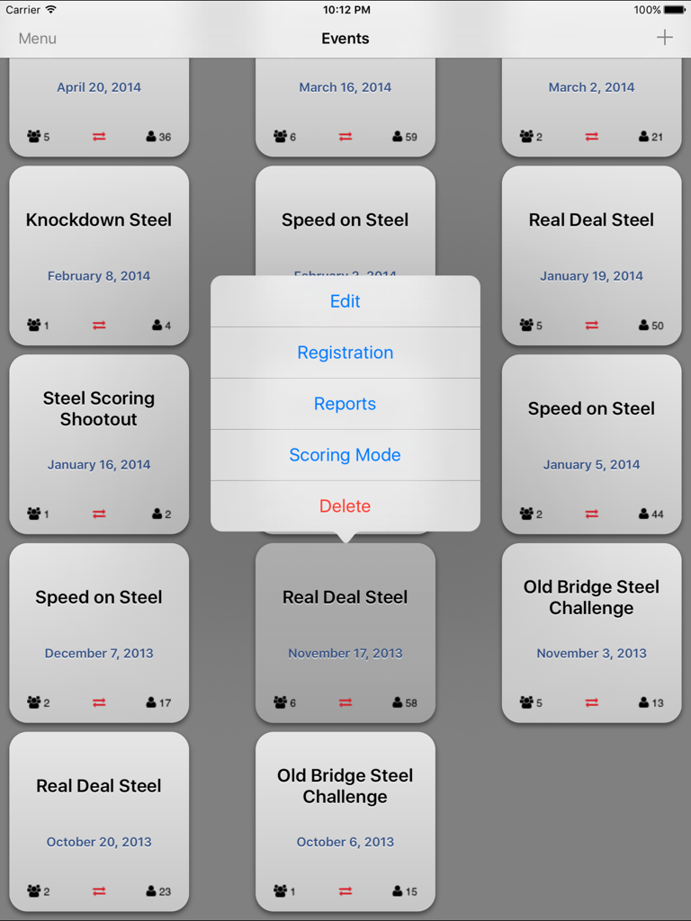 Steel Scoring - iPad screenshot of the Steel Scoring app events dashboard showing multiple shooting match cards and an options menu