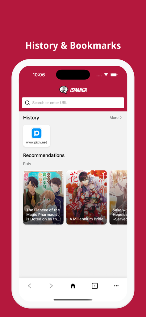 Interface of the Manga Translator app showing the history and bookmarks page with manga recommendations
