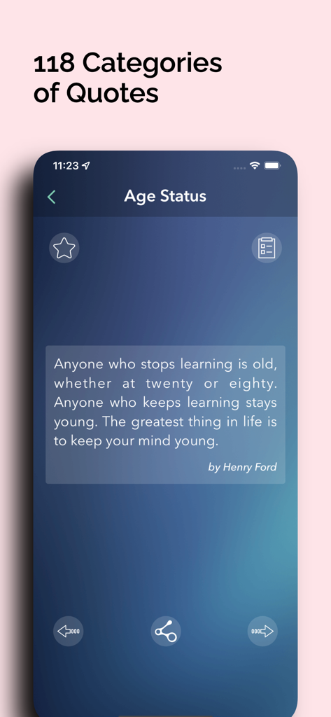A mobile app screen showing a quote by Henry Ford under the Age Status category with a title mentioning 118 categories of quotes.