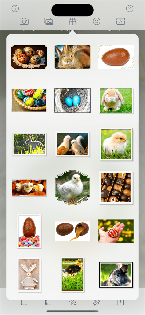 Happy Easter • Greeting cards - Easter sticker selection menu featuring bunnies, chicks, and decorated eggs.