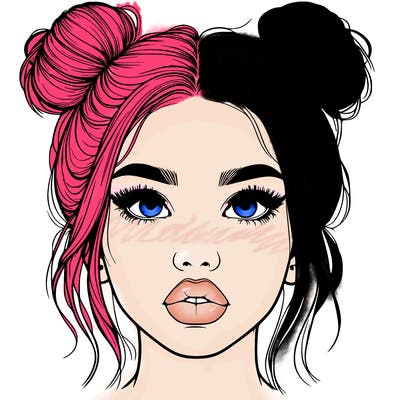 realistic girl with two buns on her hair and lips