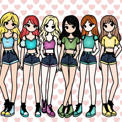 a group of girls wearing crop tops and shorts