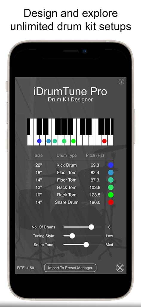 Drum Tuner - iDrumTune Pro - iDrumTune Pro Drum Kit Designer interface showing pitch and frequency tuning for a full drum kit.