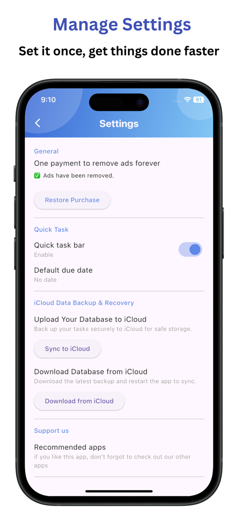 Daily Schedule Planner: Notify - Settings screen of the Daily Schedule Planner app featuring iCloud data backup and quick task configuration options